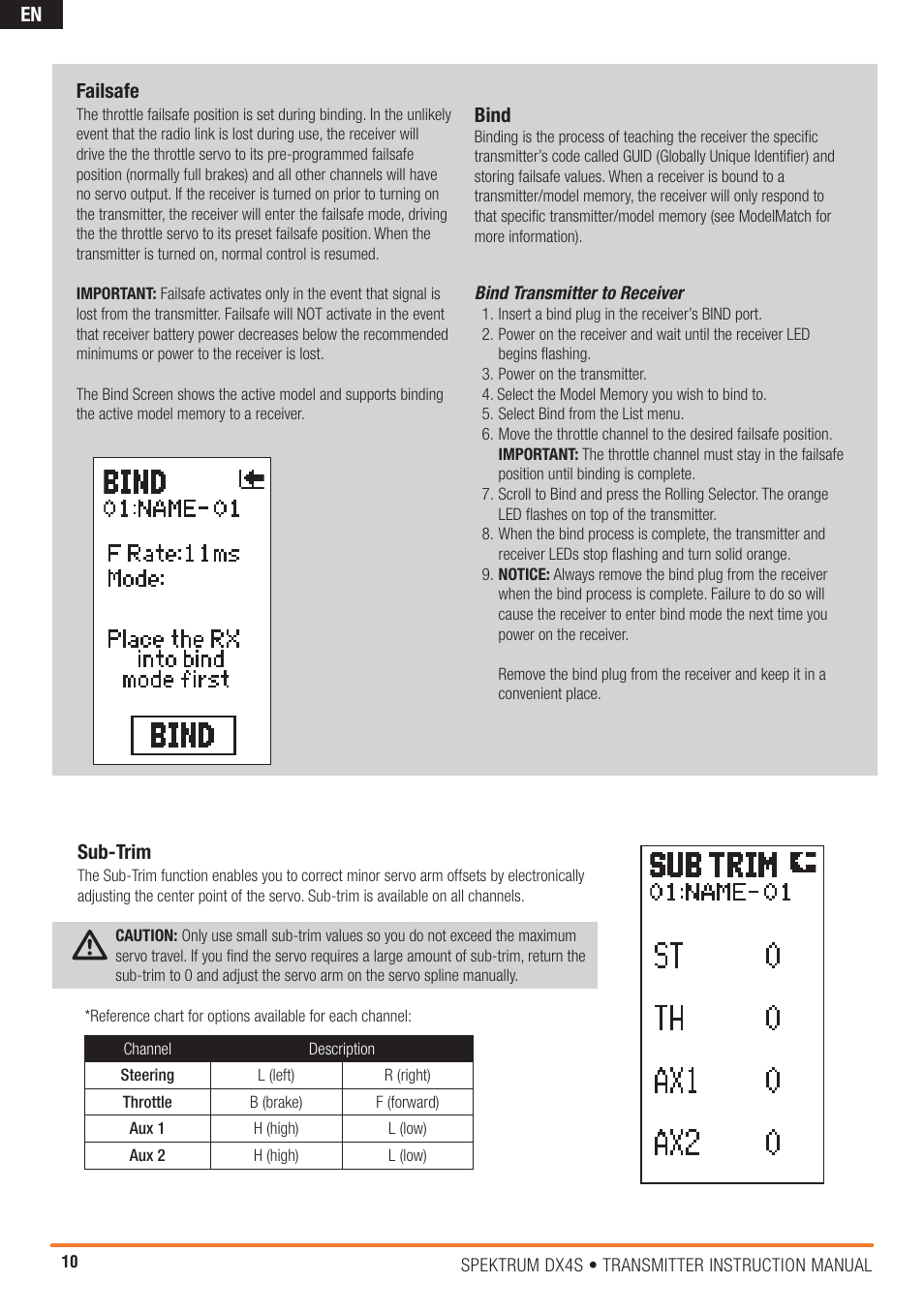 En sub-trim, Failsafe, Bind | Spektrum SPM4000C DX4S User Manual | Page 10 / 21
