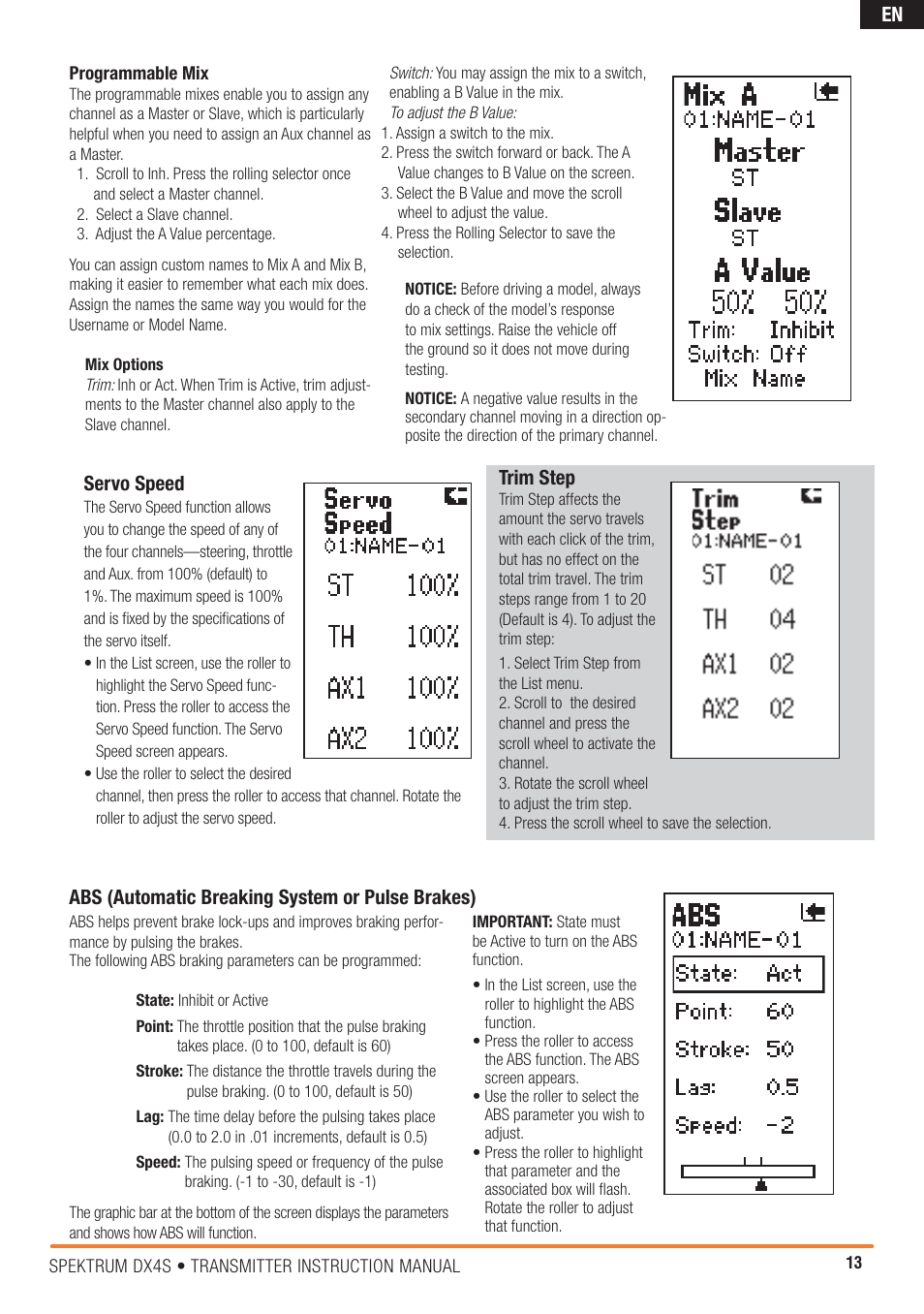 Servo speed, Trim step, Abs (automatic breaking system or pulse brakes) | Spektrum SPM4000C DX4S User Manual | Page 13 / 21