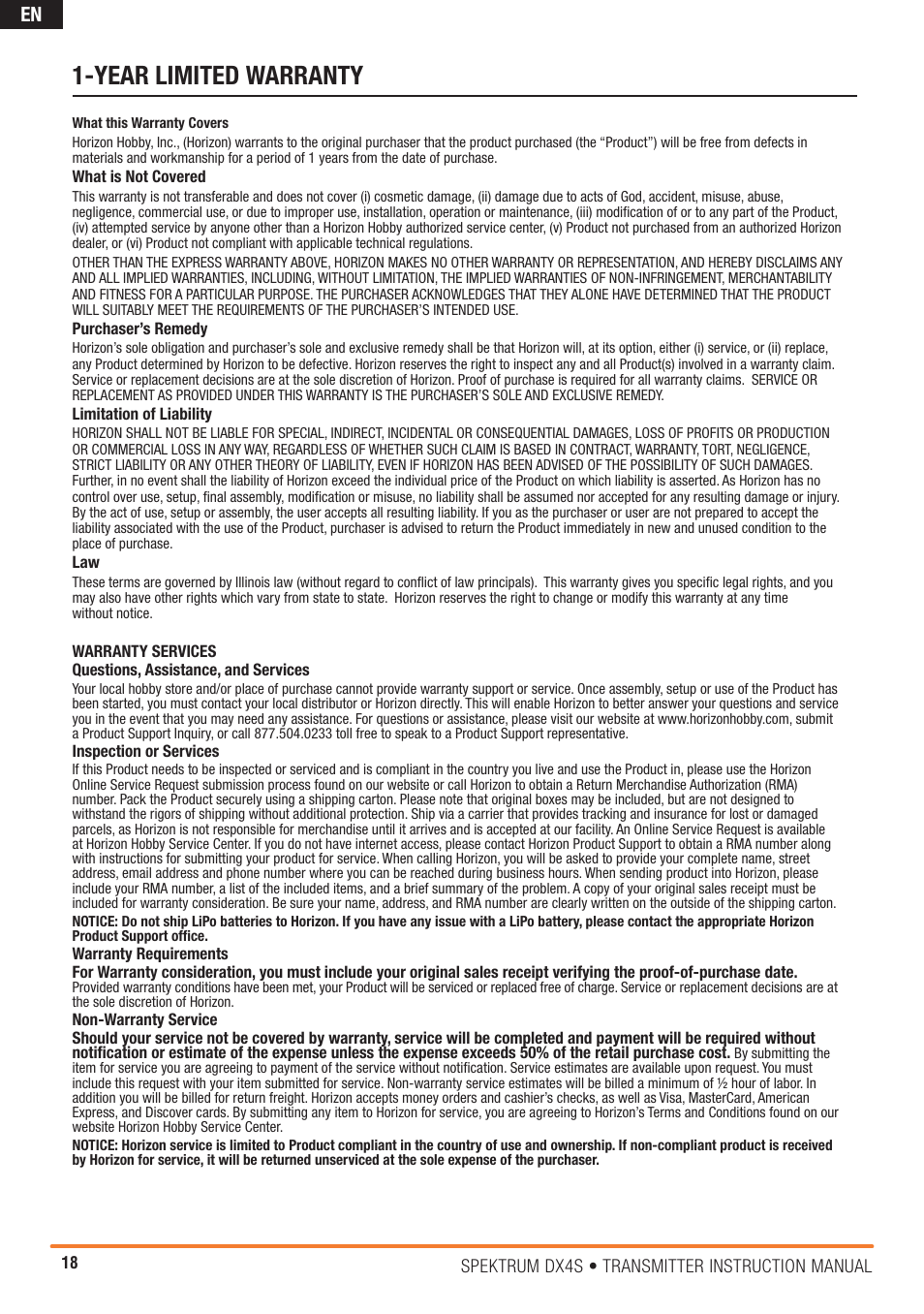Year limited warranty | Spektrum SPM4000C DX4S User Manual | Page 18 / 21