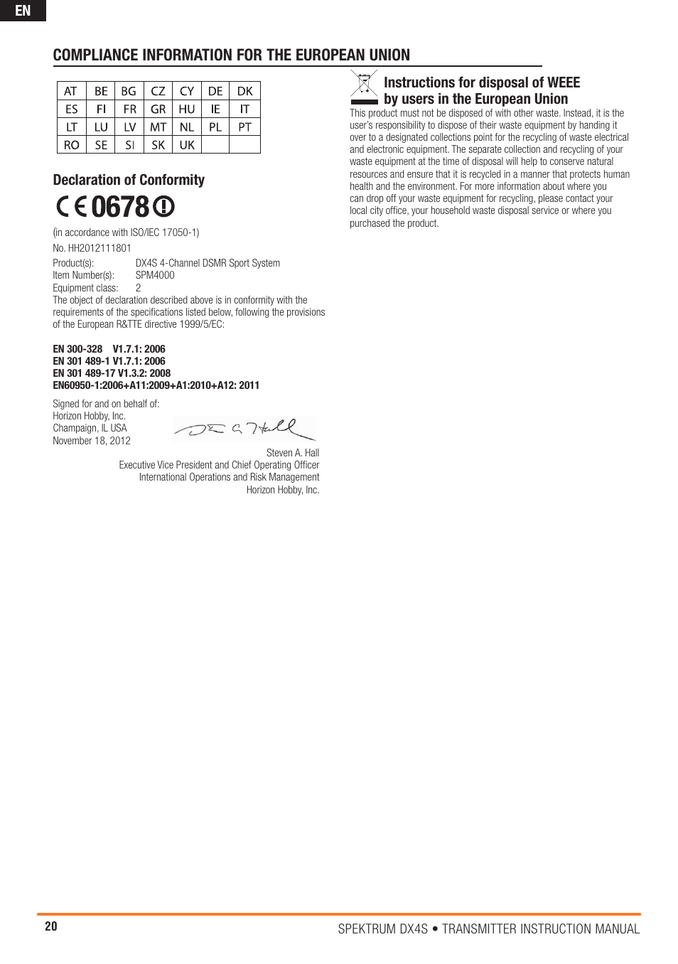 Compliance information for the european union, Declaration of conformity | Spektrum SPM4000C DX4S User Manual | Page 20 / 21