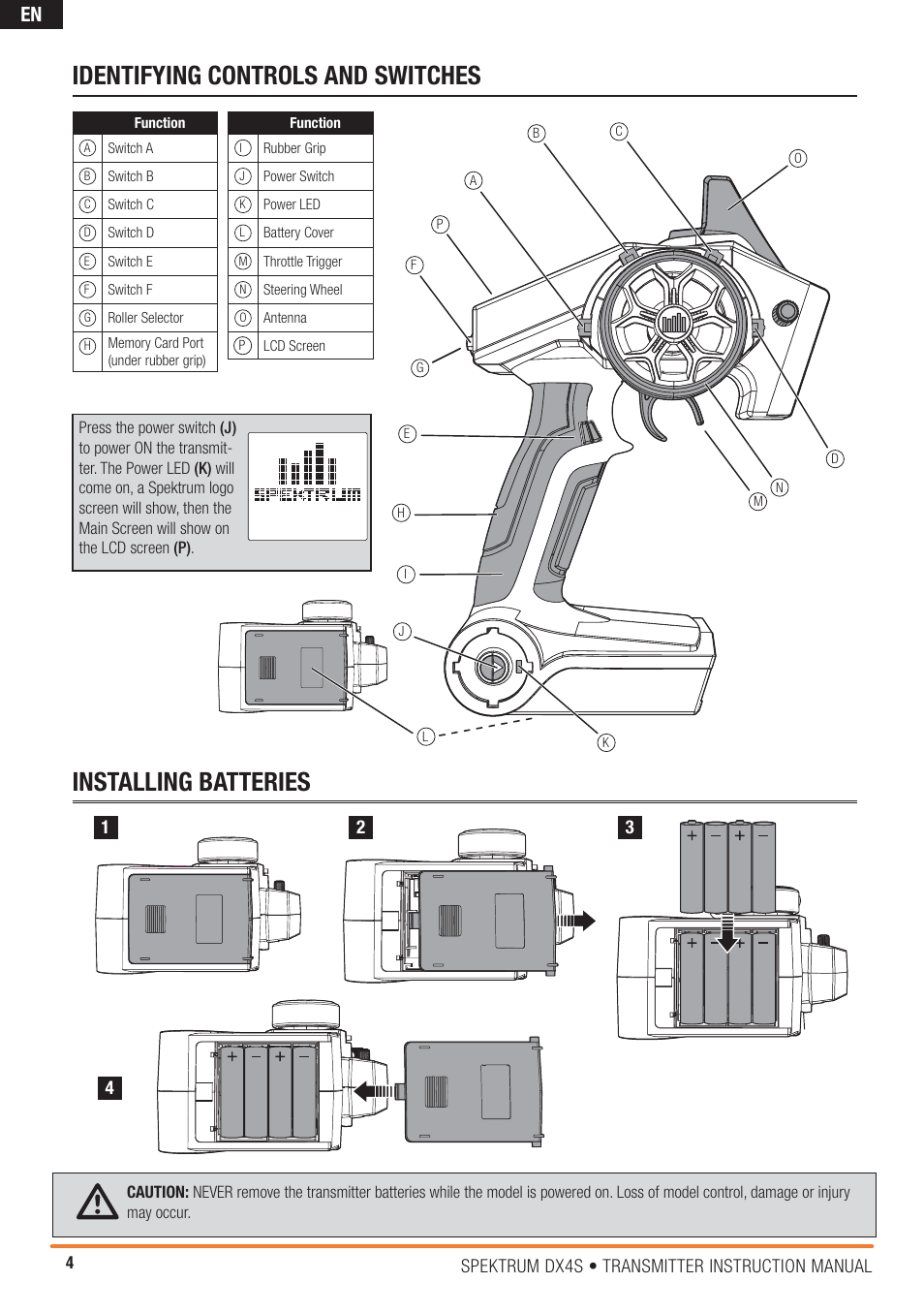 Identifying controls and switches, Installing batteries | Spektrum SPM4000C DX4S User Manual | Page 4 / 21