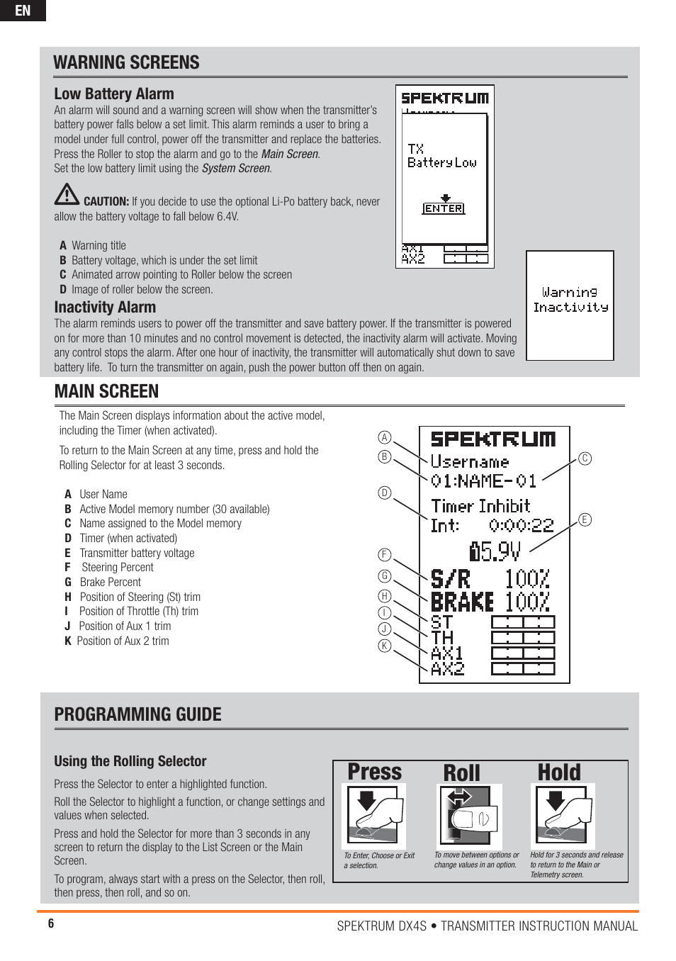 Roll hold press, Main screen, Warning screens | Programming guide, Inactivity alarm, Low battery alarm | Spektrum SPM4000C DX4S User Manual | Page 6 / 21