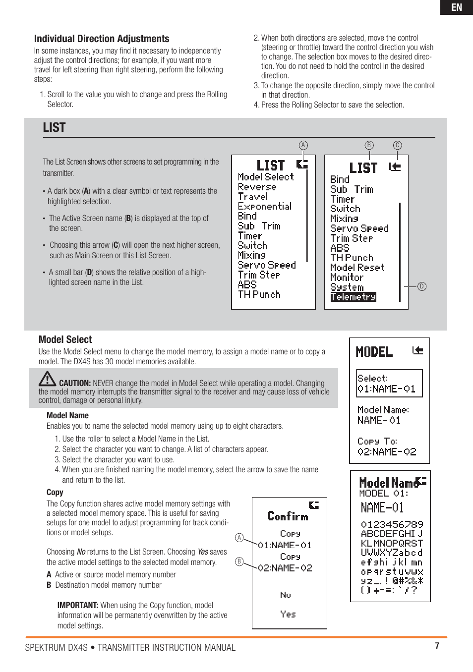 List, Individual direction adjustments, Model select | Spektrum SPM4000C DX4S User Manual | Page 7 / 21