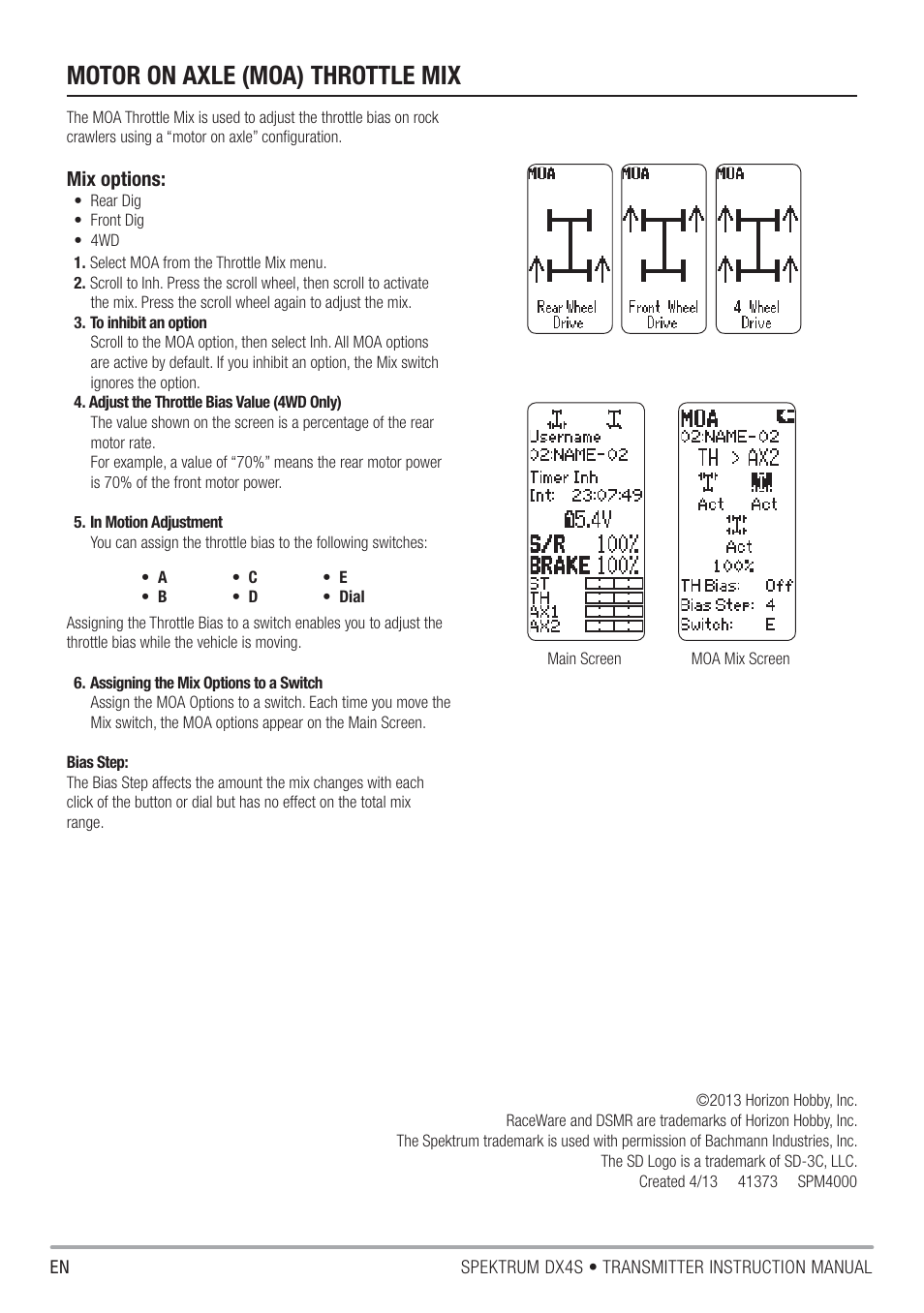 Motor on axle (moa) throttle mix, Mix options | Spektrum SPM4000C DX4S Addendum User Manual | Page 2 / 2