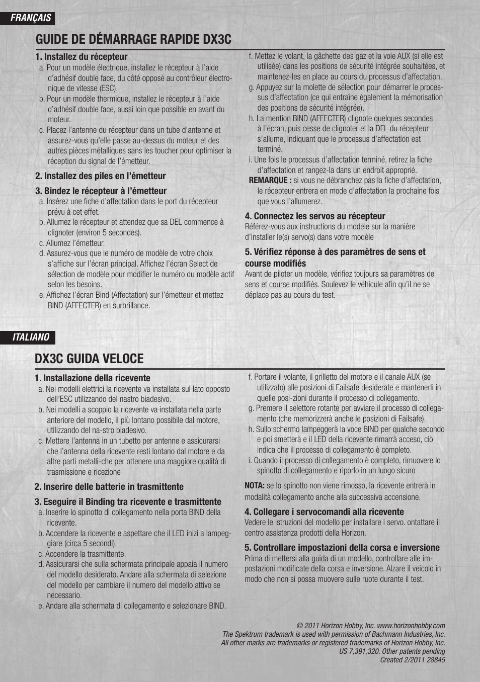 Guide de démarrage rapide dx3c dx3c guida veloce | Spektrum SPM3300 DX3C Quick Start Guide User Manual | Page 2 / 2