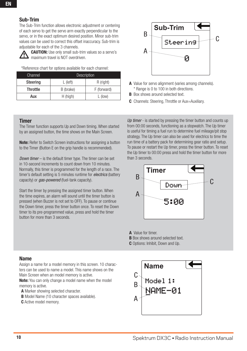 Name-01, Timer, Ab c | Name, C b a, Down, Sub-trim, Model 1, Steering | Spektrum SPM3300 DX3C Manual User Manual | Page 10 / 18