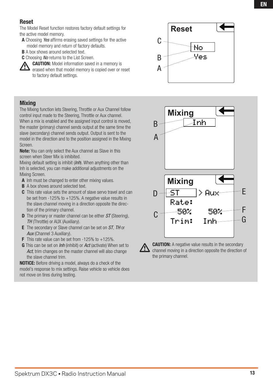 Amixing, Bmixing, Cd e f g | Reset, Ab c, St > aux rate: 50% 50% trim: inh | Spektrum SPM3300 DX3C Manual User Manual | Page 13 / 18