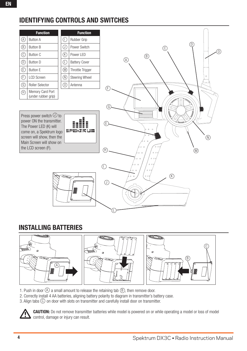 Identifying controls and switches, Installing batteries, Spektrum dx3c • radio instruction manual | Spektrum SPM3300 DX3C Manual User Manual | Page 4 / 18