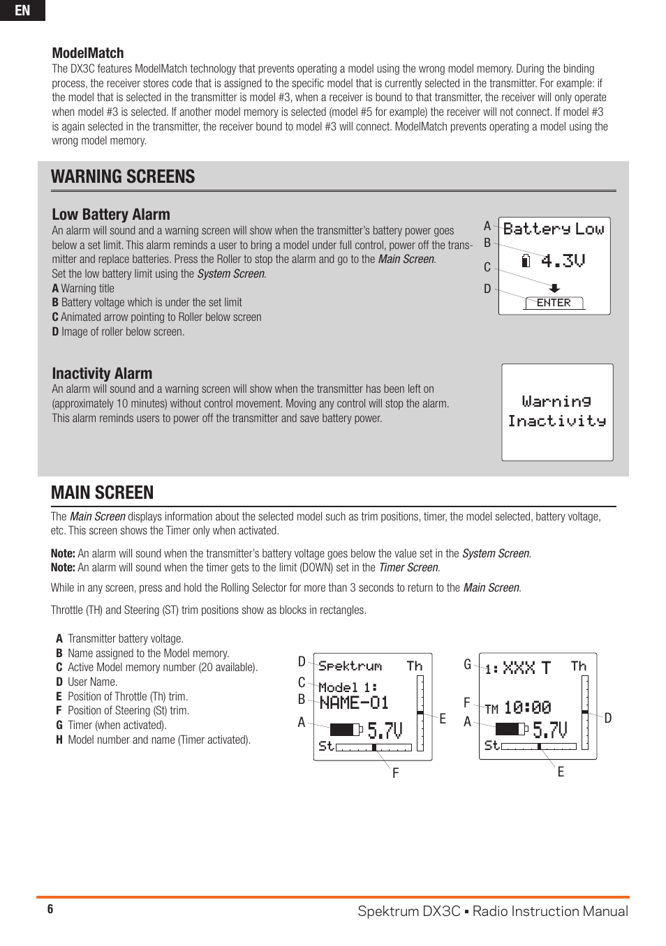 Main screen, Name-o1, Warning screens | Xxx t, Battery low | Spektrum SPM3300 DX3C Manual User Manual | Page 6 / 18