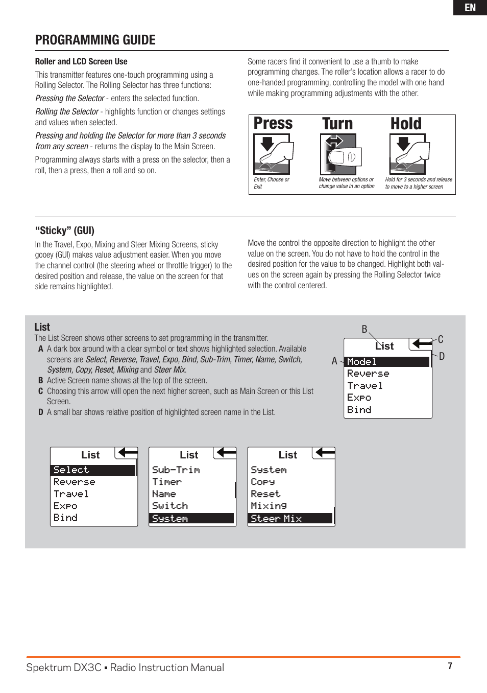 Turn hold press, Turn press press, Programming guide | List, System | Spektrum SPM3300 DX3C Manual User Manual | Page 7 / 18
