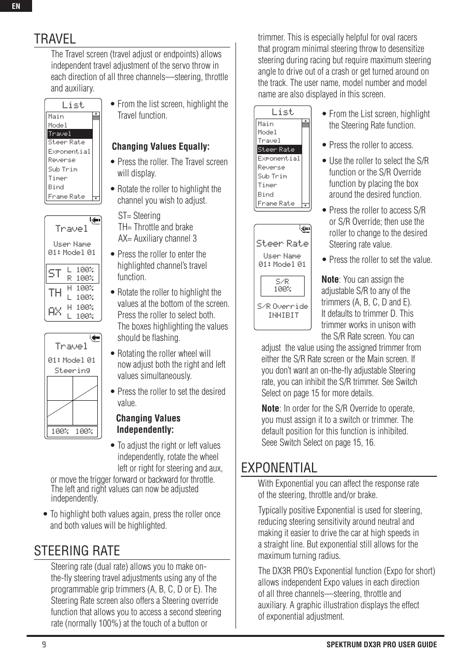 Travel, Steering rate, Exponential | St th ax | Spektrum SPM3200 DX3R PRO User Manual | Page 10 / 30