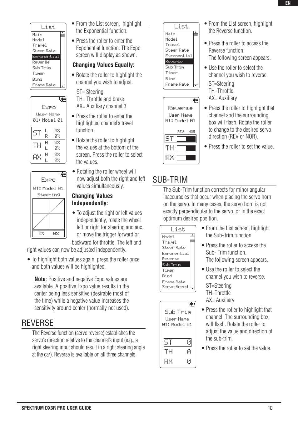 Reverse, Sub-trim, St th ax | St 0 th 0 ax 0 | Spektrum SPM3200 DX3R PRO User Manual | Page 11 / 30