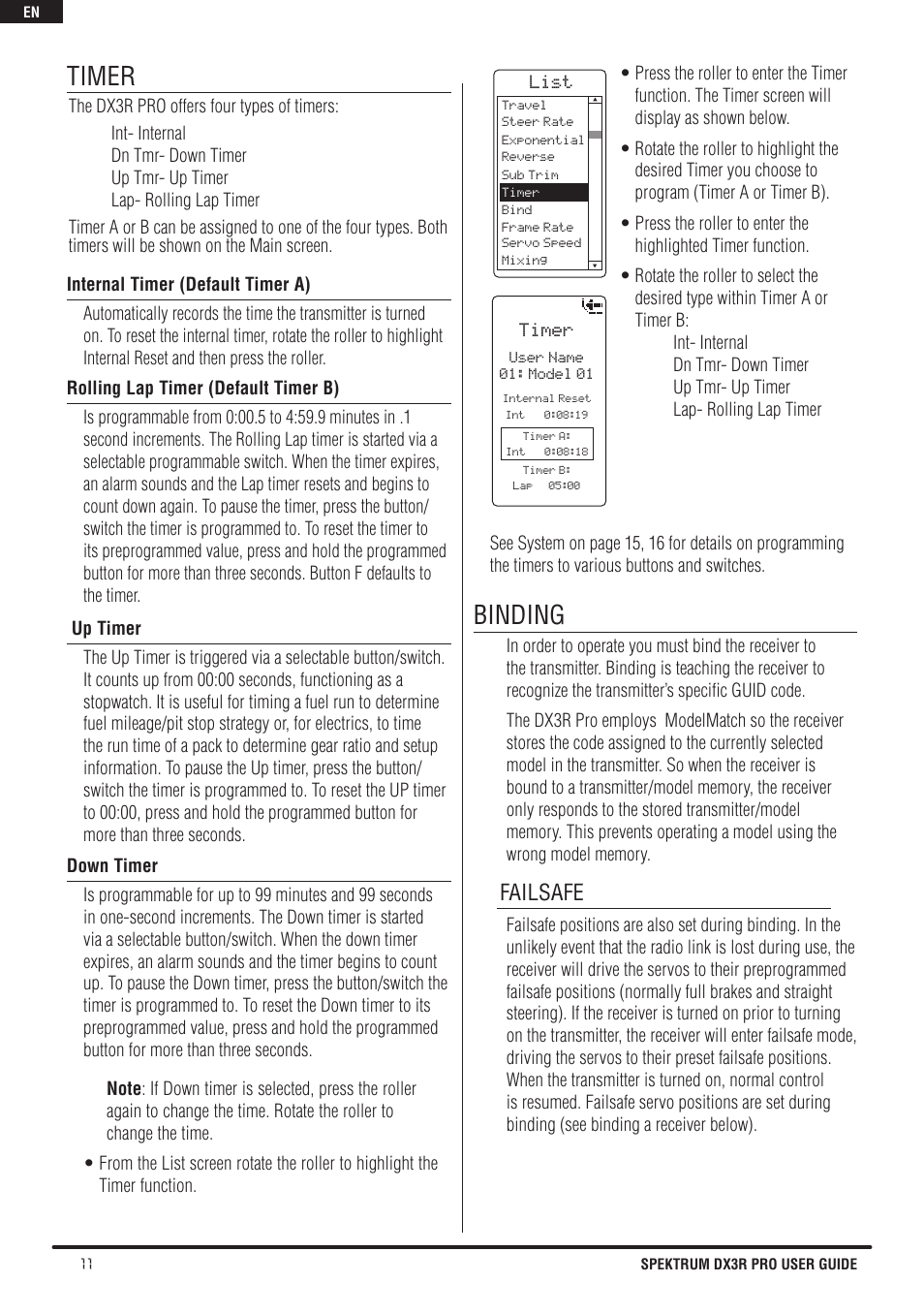 Timer, Binding, Failsafe | Spektrum SPM3200 DX3R PRO User Manual | Page 12 / 30