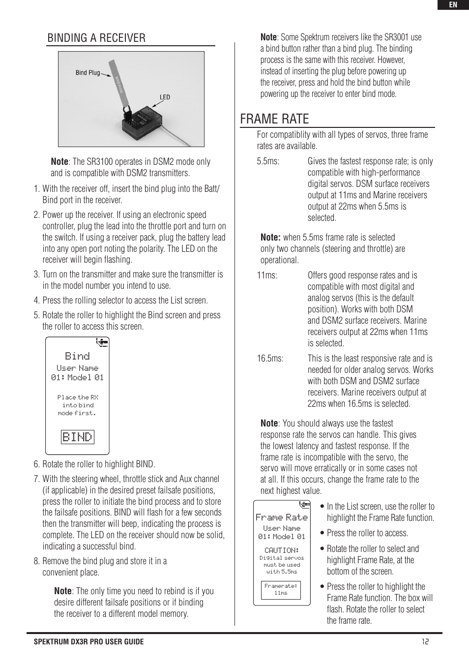 Bind, Frame rate, Binding a receiver | Spektrum SPM3200 DX3R PRO User Manual | Page 13 / 30
