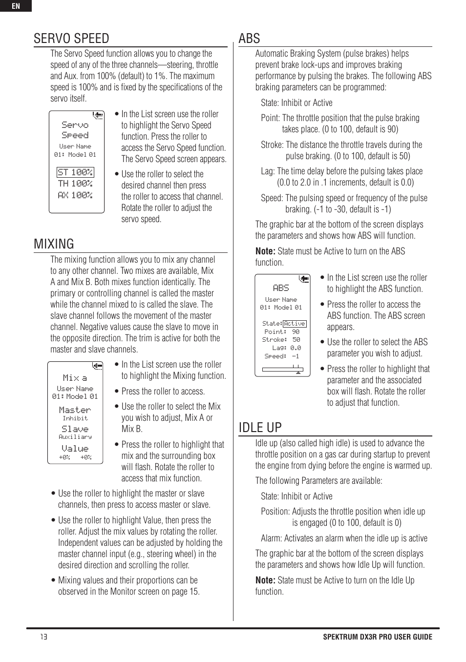 Servo speed, Mixing, Idle up | Spektrum SPM3200 DX3R PRO User Manual | Page 14 / 30
