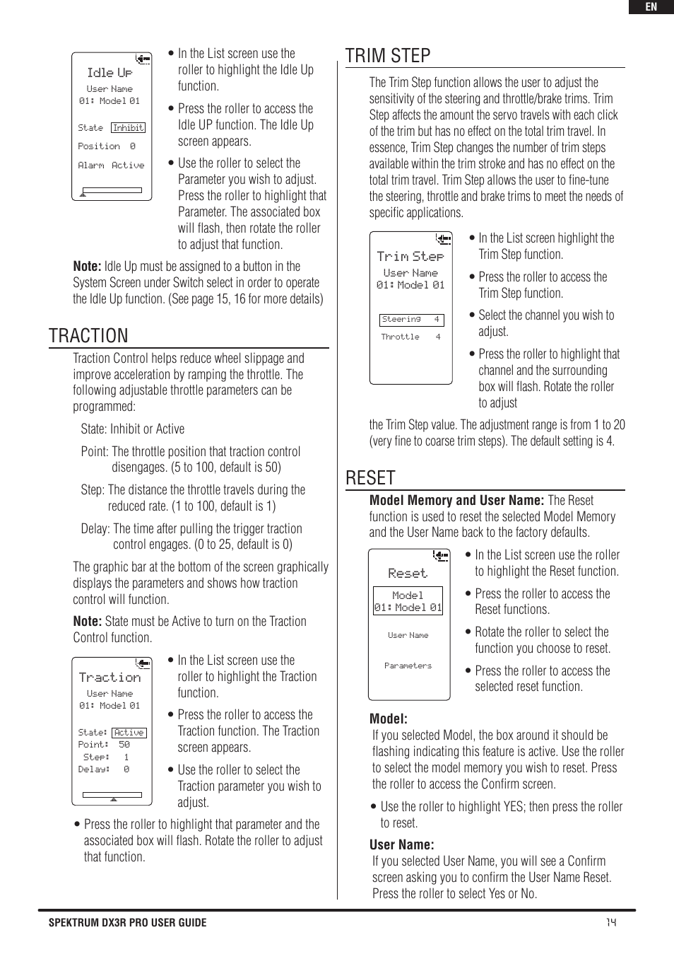 Traction, Trim step, Reset | Spektrum SPM3200 DX3R PRO User Manual | Page 15 / 30