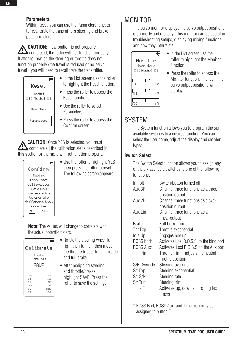 Monitor, System, Save | Spektrum SPM3200 DX3R PRO User Manual | Page 16 / 30