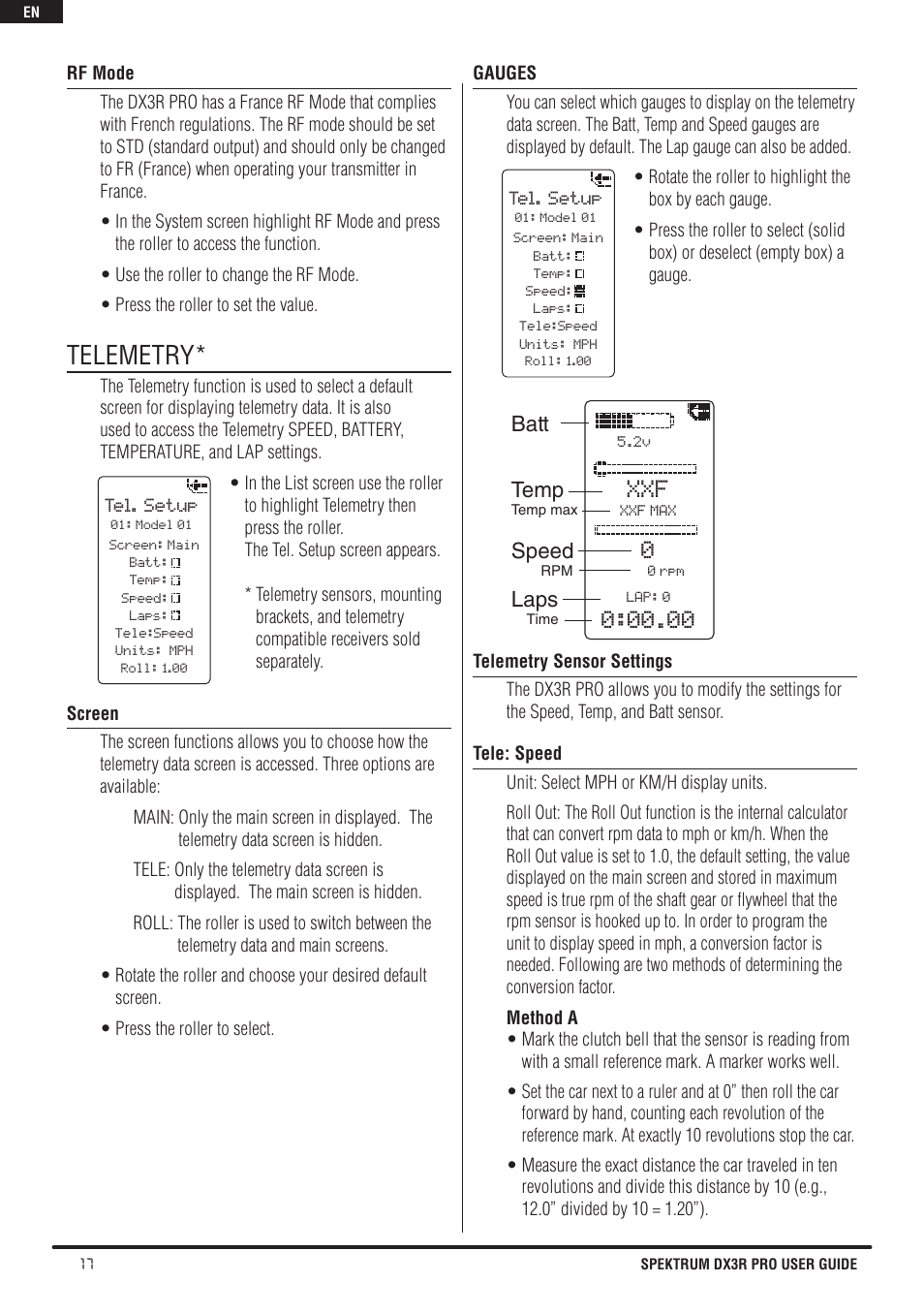 Telemetry, Batt temp, Speed | Laps | Spektrum SPM3200 DX3R PRO User Manual | Page 18 / 30