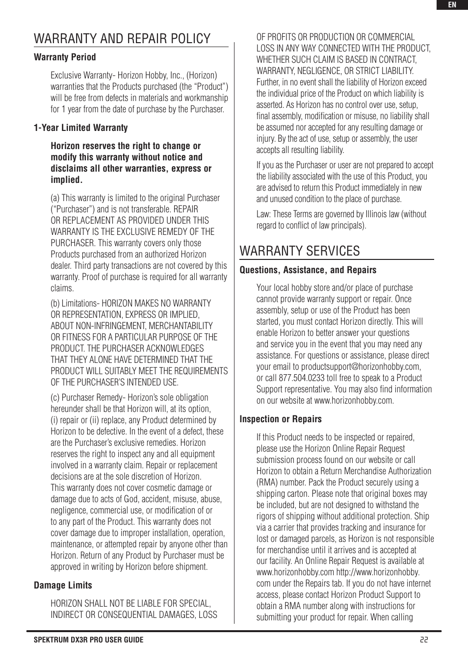 Warranty and repair policy, Warranty services | Spektrum SPM3200 DX3R PRO User Manual | Page 23 / 30