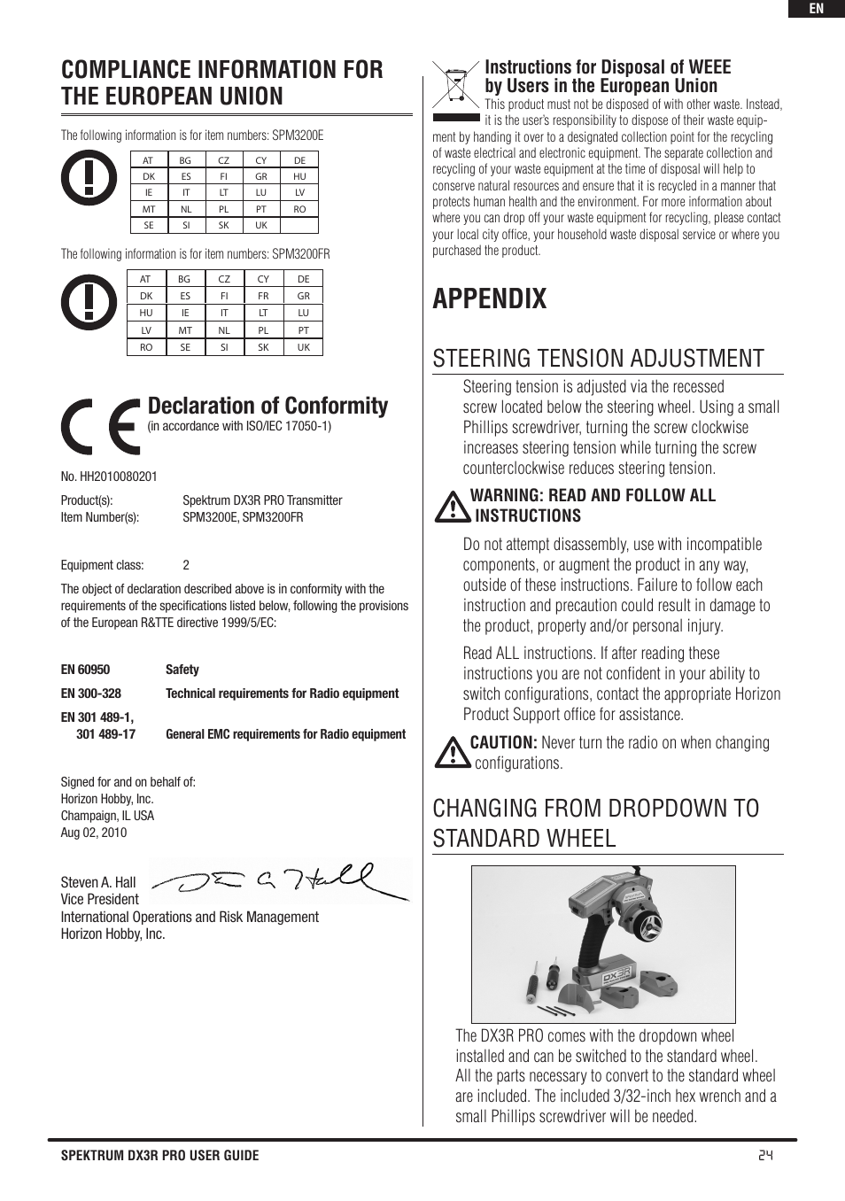 Appendix, Compliance information for the european union, Declaration of conformity | Steering tension adjustment, Changing from dropdown to standard wheel | Spektrum SPM3200 DX3R PRO User Manual | Page 25 / 30