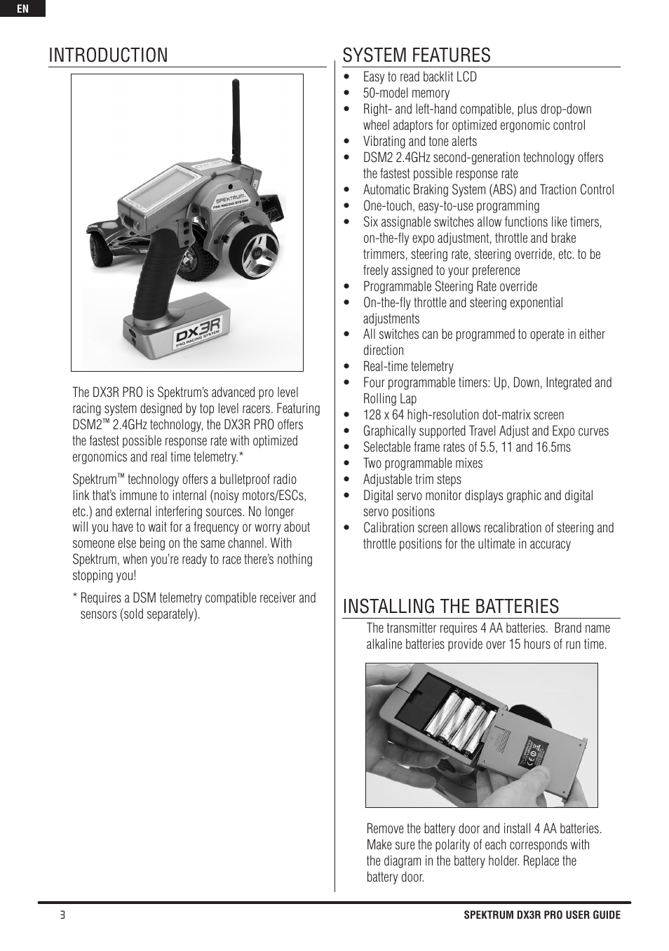 System features, Installing the batteries, Introduction | Spektrum SPM3200 DX3R PRO User Manual | Page 4 / 30