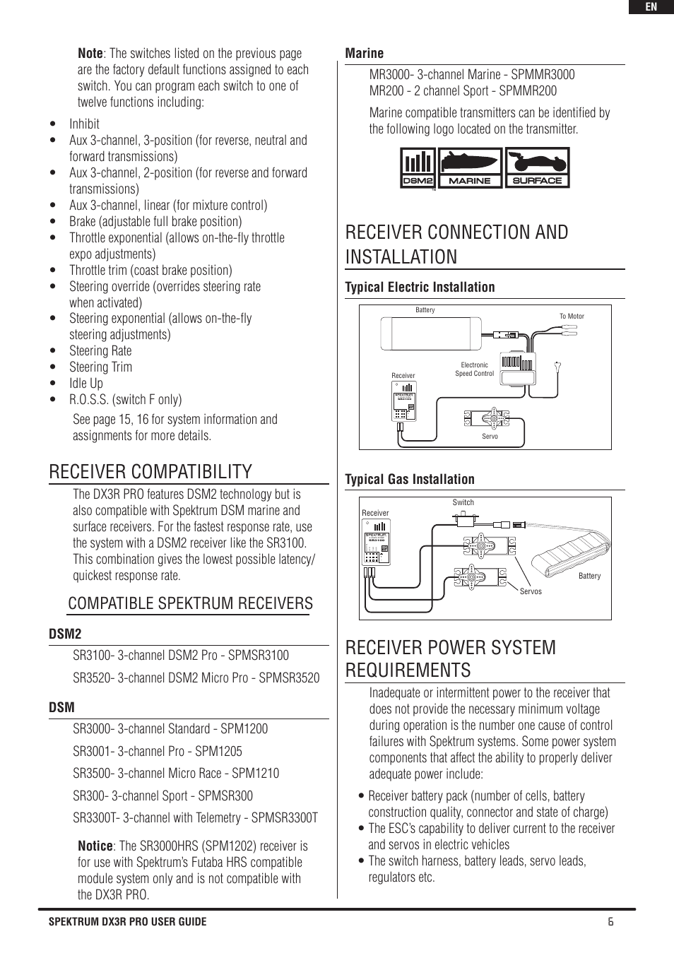 Receiver compatibility, Receiver connection and installation, Receiver power system requirements | Compatible spektrum receivers | Spektrum SPM3200 DX3R PRO User Manual | Page 7 / 30
