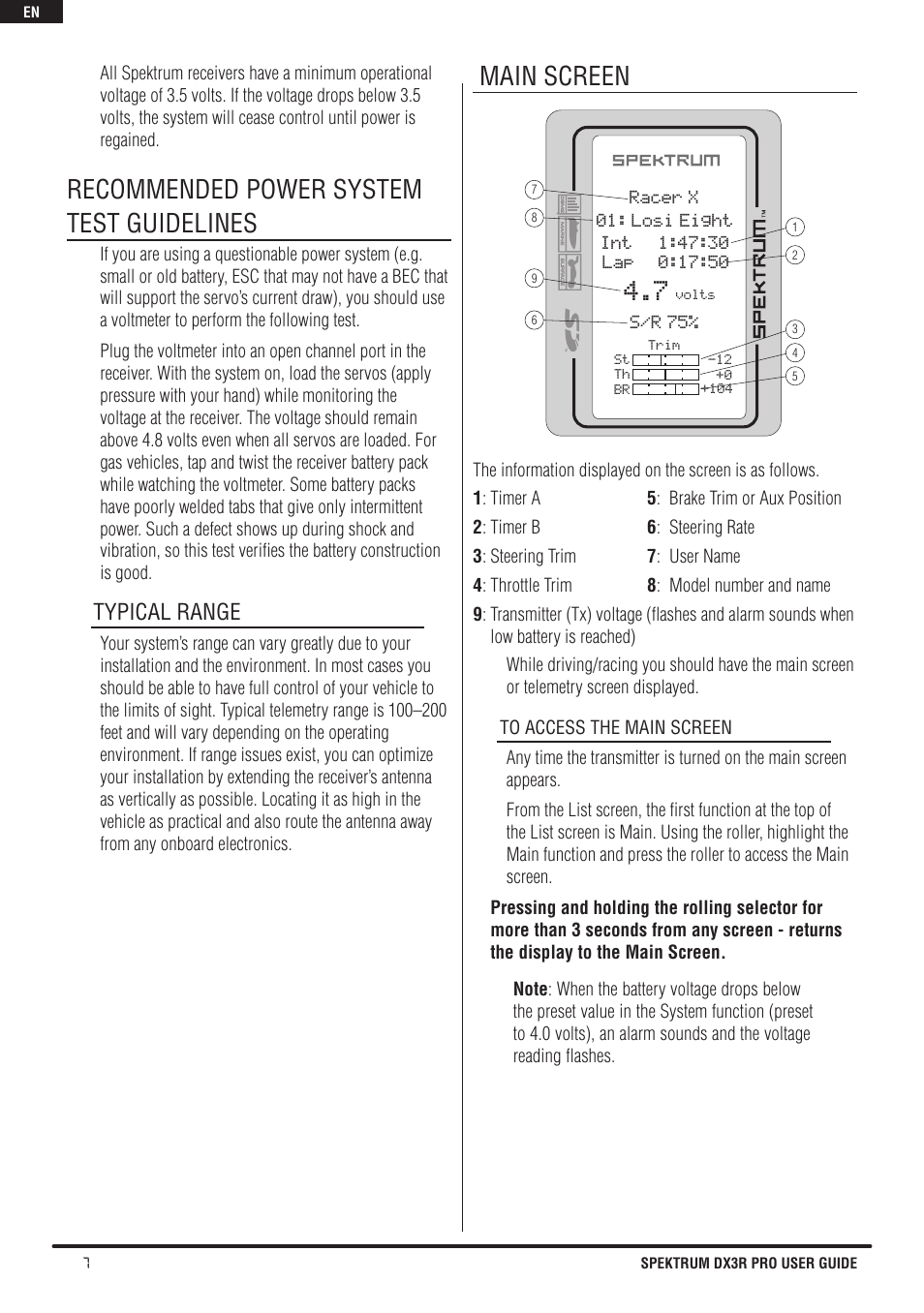 Recommended power system test guidelines, Main screen, Typical range | Spektrum SPM3200 DX3R PRO User Manual | Page 8 / 30