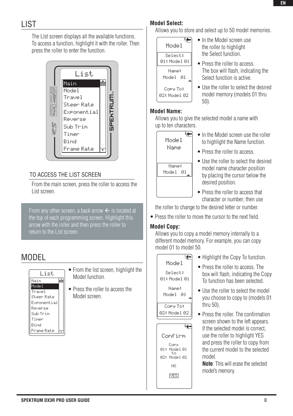 List, Model | Spektrum SPM3200 DX3R PRO User Manual | Page 9 / 30