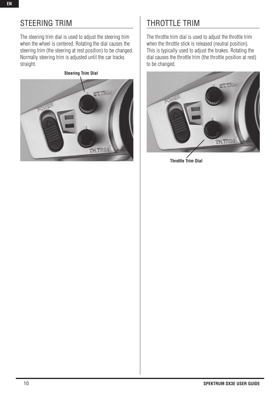Steering trim, Throttle trim | Spektrum SPM3160 DX3E User Manual | Page 10 / 17