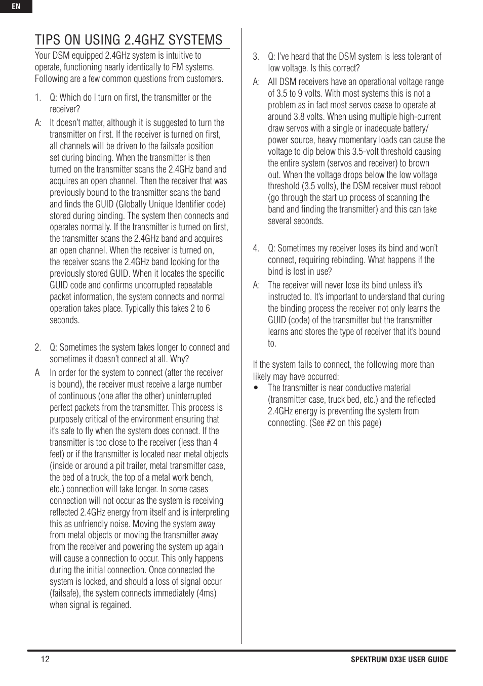 Tips on using 2.4ghz systems | Spektrum SPM3160 DX3E User Manual | Page 12 / 17