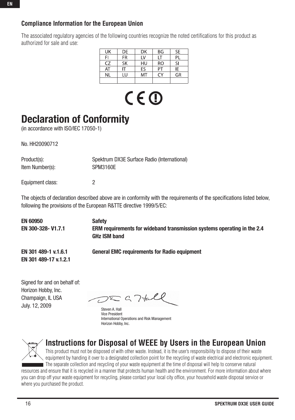 Declaration of conformity | Spektrum SPM3160 DX3E User Manual | Page 16 / 17