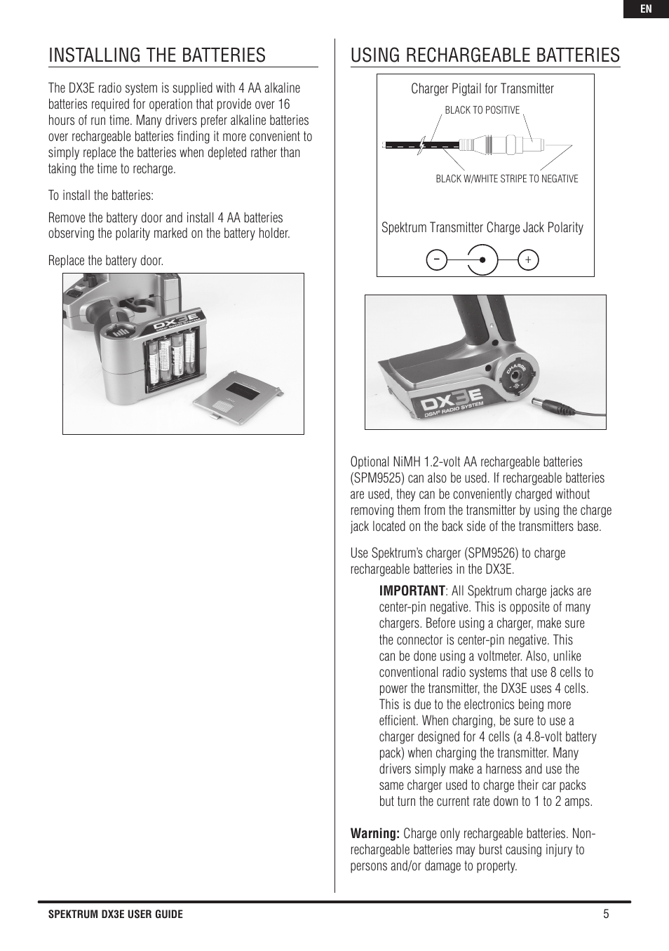 Installing the batteries, Using rechargeable batteries | Spektrum SPM3160 DX3E User Manual | Page 5 / 17