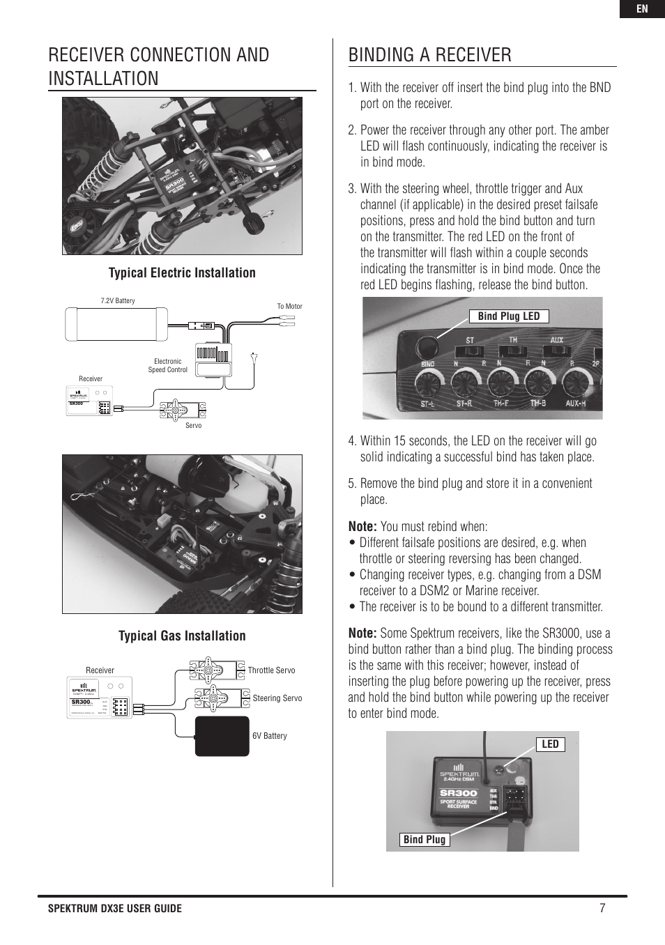 Receiver connection and installation, Binding a receiver, Typical electric installation | Typical gas installation | Spektrum SPM3160 DX3E User Manual | Page 7 / 17