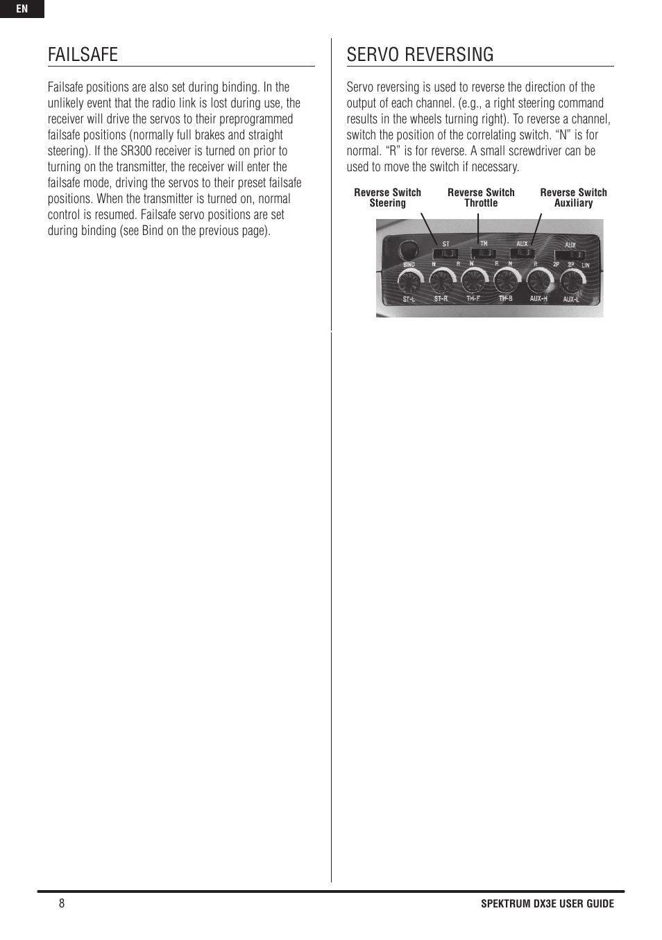 Failsafe, Servo reversing | Spektrum SPM3160 DX3E User Manual | Page 8 / 17