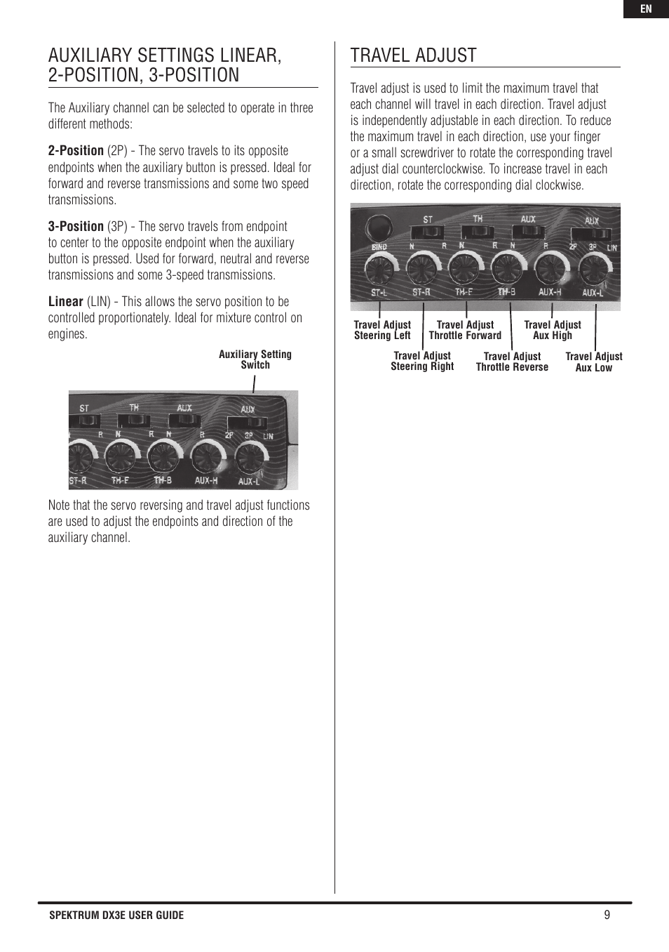 Auxiliary settings linear, 2-position, 3-position, Travel adjust | Spektrum SPM3160 DX3E User Manual | Page 9 / 17
