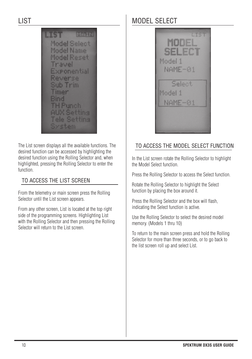List, Model select | Spektrum SPMR3140 DX3S Manual User Manual | Page 10 / 32