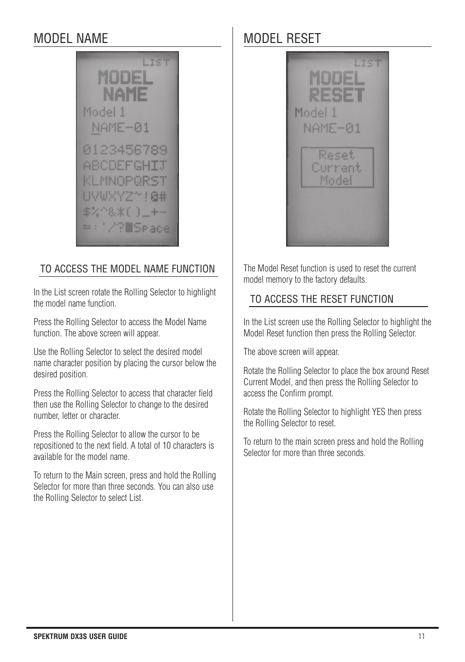 Model name, Model reset | Spektrum SPMR3140 DX3S Manual User Manual | Page 11 / 32