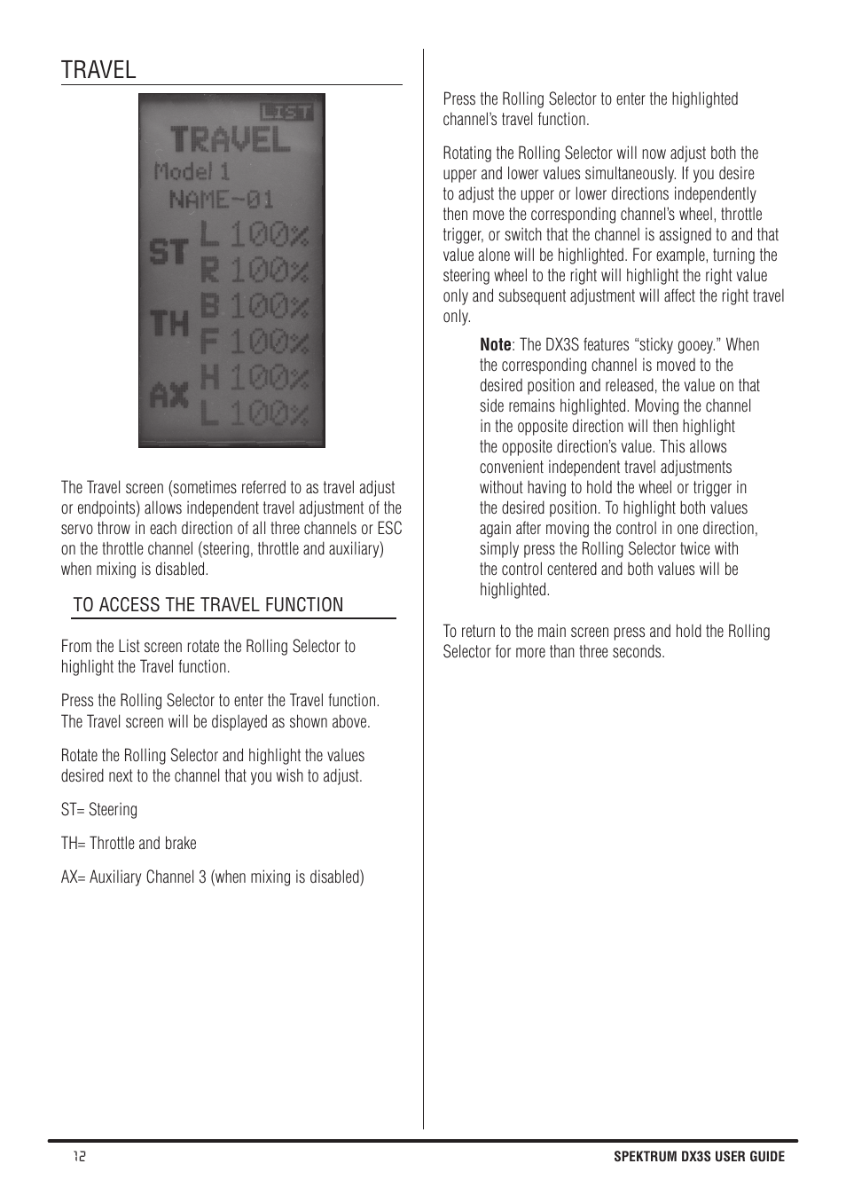 Travel | Spektrum SPMR3140 DX3S Manual User Manual | Page 12 / 32