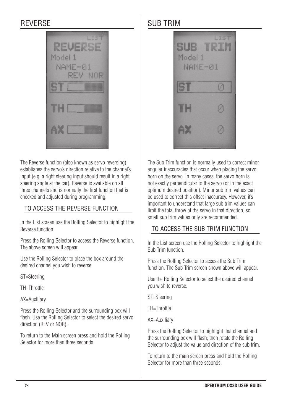 Reverse, Sub trim | Spektrum SPMR3140 DX3S Manual User Manual | Page 14 / 32