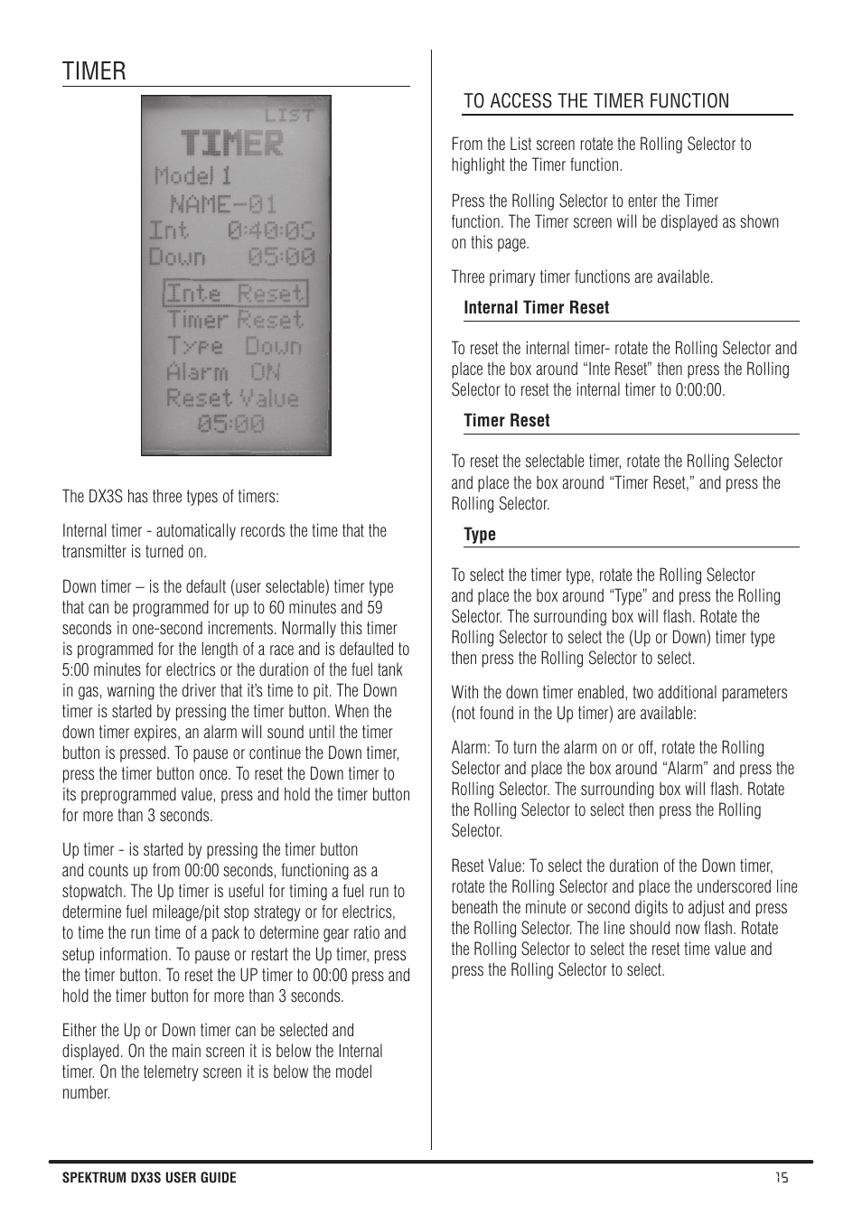 Timer | Spektrum SPMR3140 DX3S Manual User Manual | Page 15 / 32