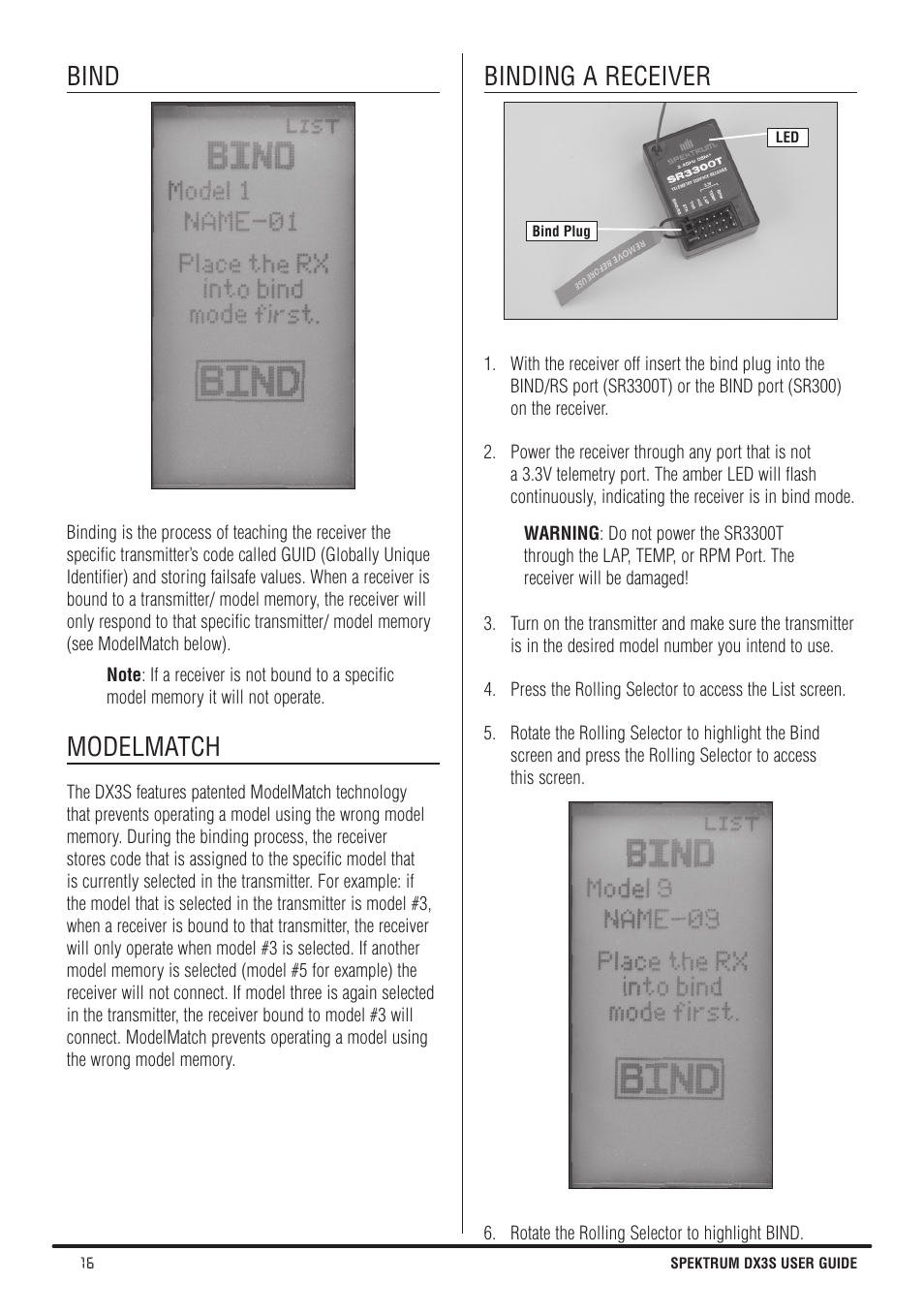 Bind, Modelmatch, Binding a receiver | Spektrum SPMR3140 DX3S Manual User Manual | Page 16 / 32