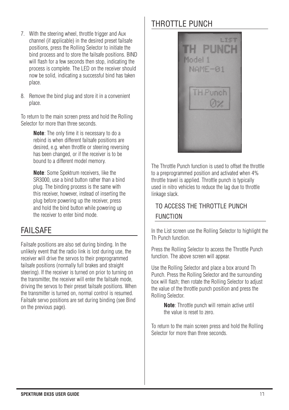 Failsafe, Throttle punch | Spektrum SPMR3140 DX3S Manual User Manual | Page 17 / 32
