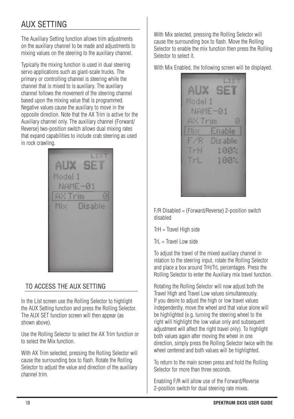 Aux setting | Spektrum SPMR3140 DX3S Manual User Manual | Page 18 / 32