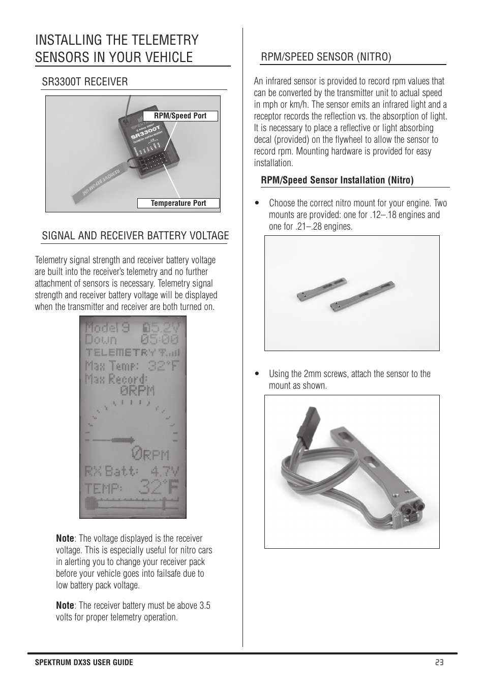Installing the telemetry sensors in your vehicle | Spektrum SPMR3140 DX3S Manual User Manual | Page 23 / 32