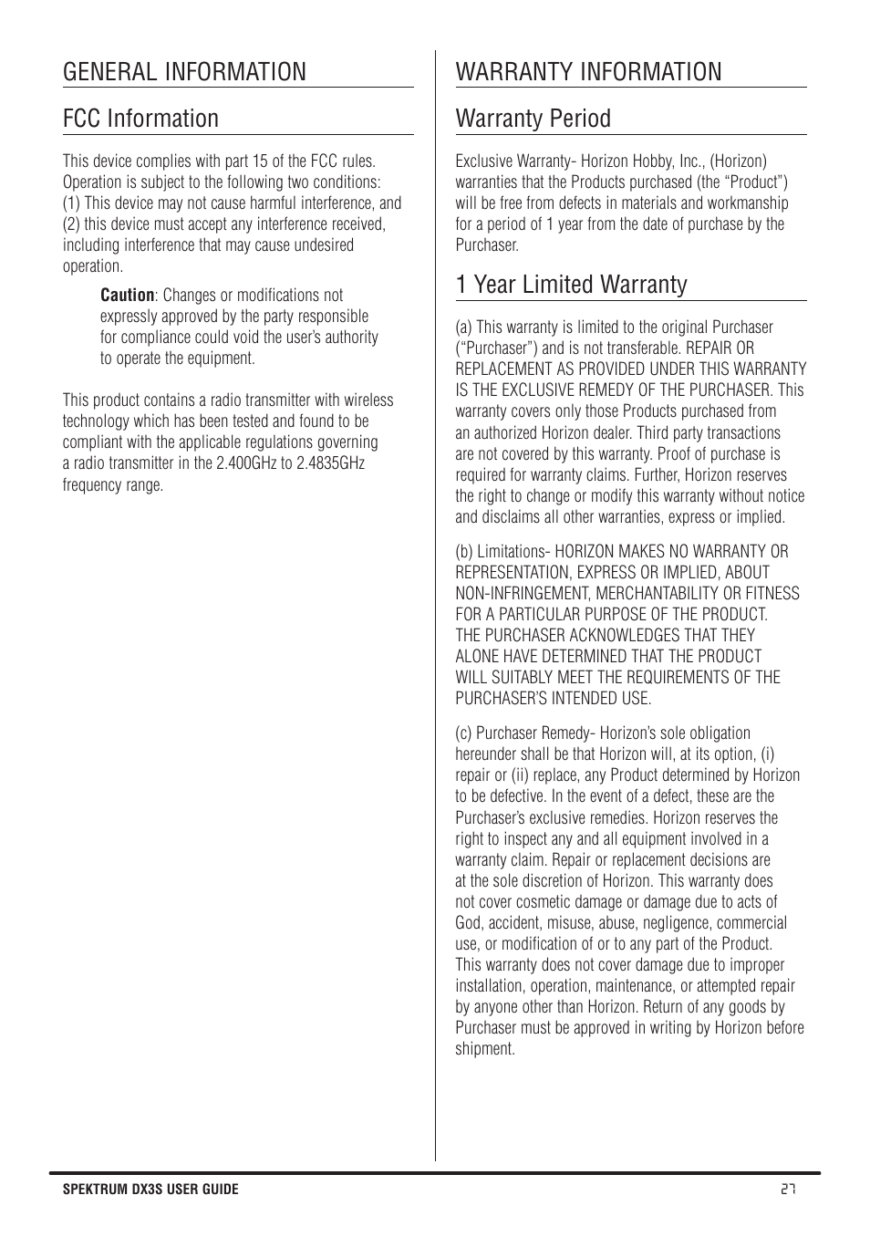 General information fcc information, Warranty information warranty period, 1 year limited warranty | Spektrum SPMR3140 DX3S Manual User Manual | Page 27 / 32