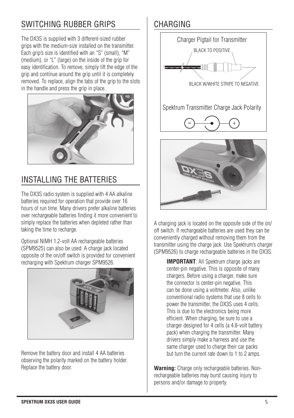 Switching rubber grips, Installing the batteries, Charging | Spektrum SPMR3140 DX3S Manual User Manual | Page 5 / 32