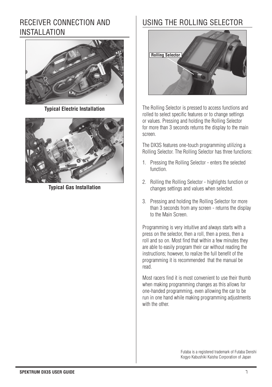 Receiver connection and installation, Using the rolling selector | Spektrum SPMR3140 DX3S Manual User Manual | Page 7 / 32