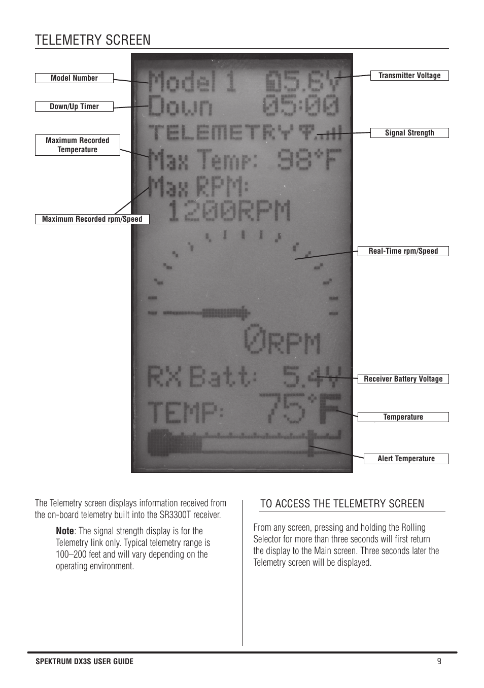 Telemetry screen | Spektrum SPMR3140 DX3S Manual User Manual | Page 9 / 32