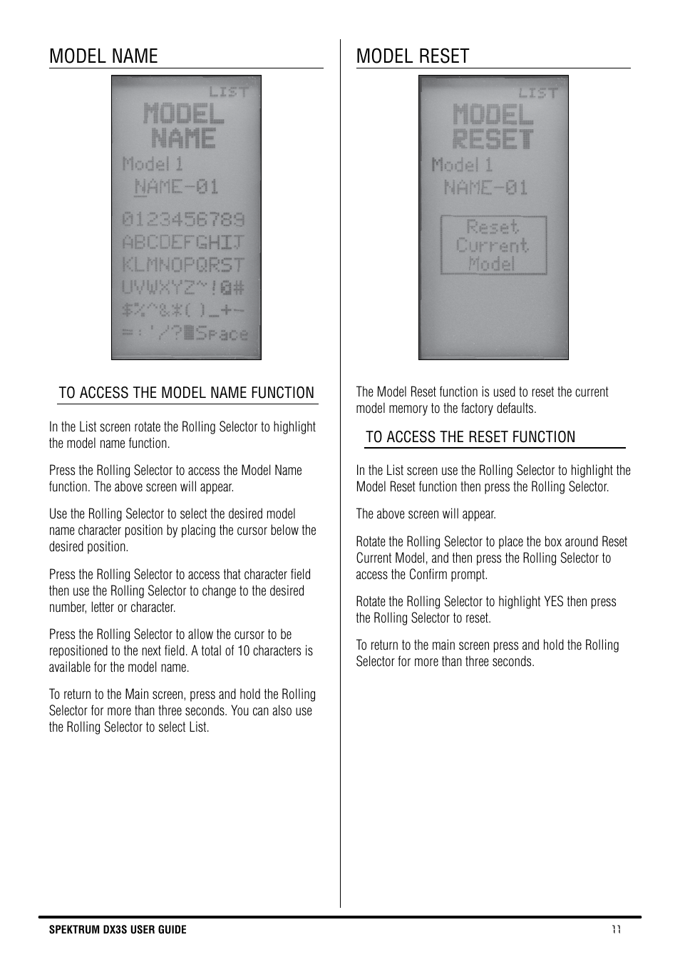 Model name, Model reset | Spektrum SPM3130 DX3S Manual User Manual | Page 11 / 30