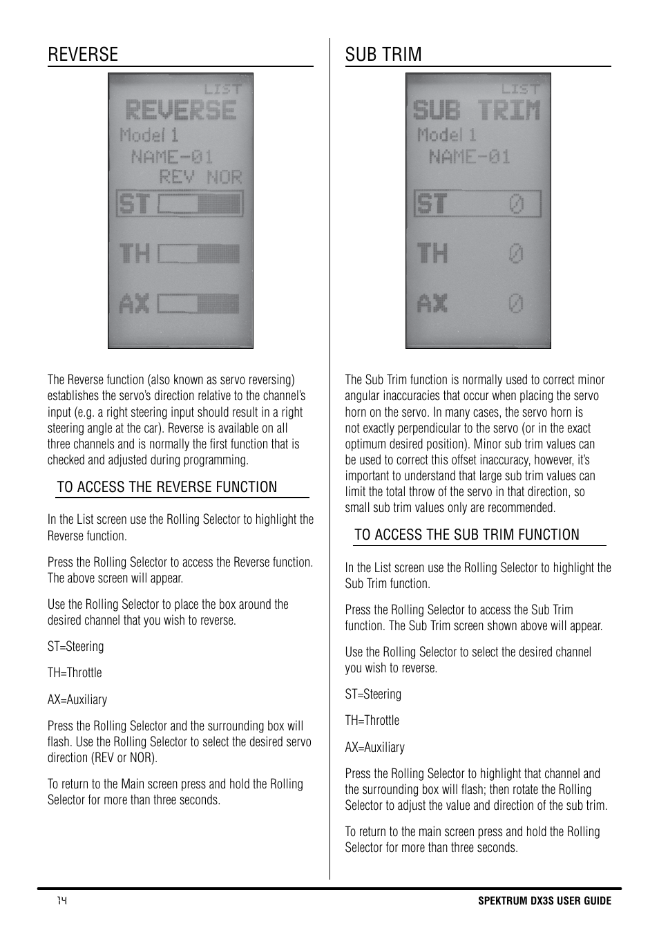 Reverse, Sub trim | Spektrum SPM3130 DX3S Manual User Manual | Page 14 / 30